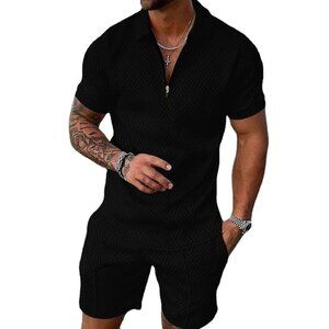 Men Shorts Track Suit Black Polo and Shorts Set Textured L
